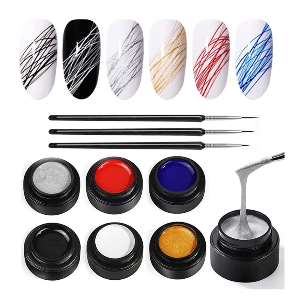 INOG 6 Colors Spider Gel, New Upgraded Matrices Spider Gel with 3pcs Nail Art Brushes, Nail Designs Gel Paint Wire Drawing Gel Polish for Line (White Black Red Blue Gold Silver)