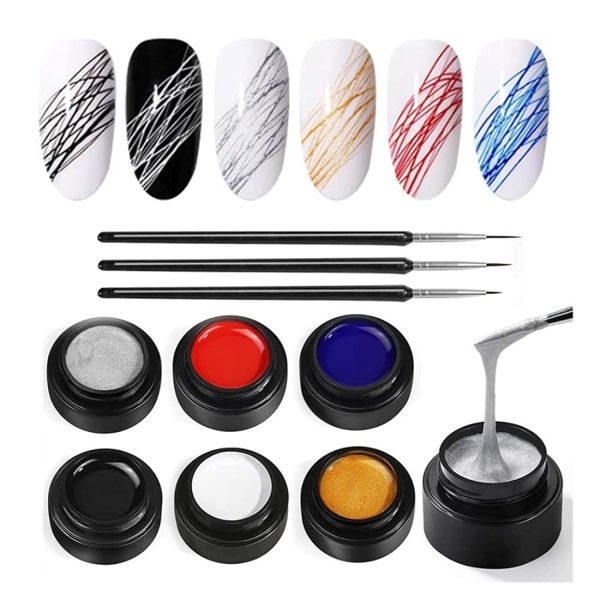 INOG 6 Colors Spider Gel, New Upgraded Matrices Spider Gel with 3pcs Nail Art Brushes, Nail Designs Gel Paint Wire Drawing Gel Polish for Line (White Black Red Blue Gold Silver)
