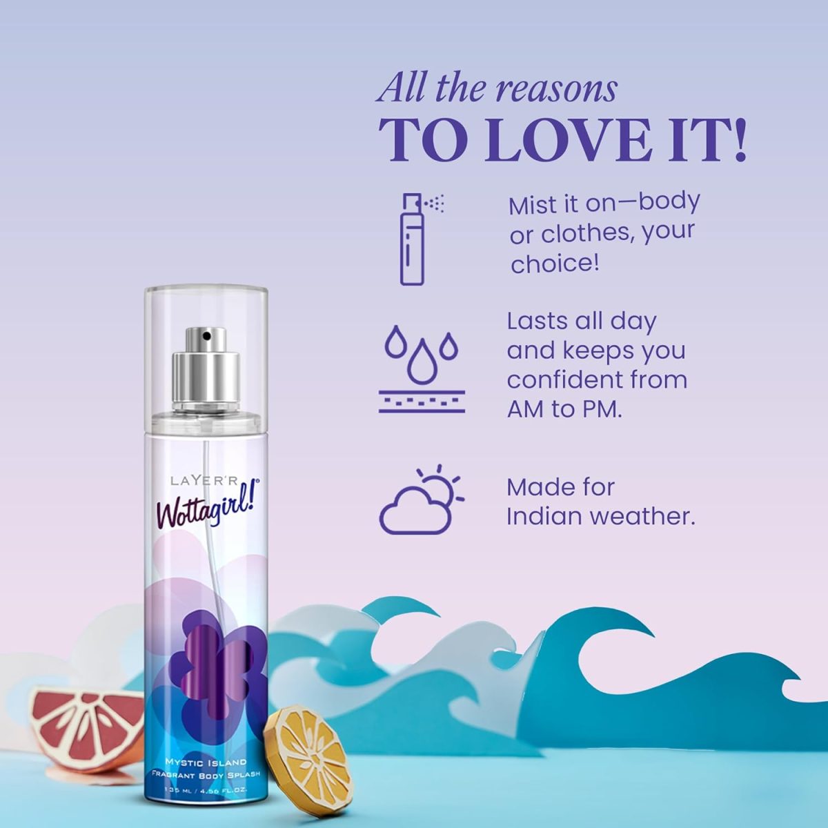 Layer’r Wottagirl Mystic Island Body Splash, 135 ml Premium Long-lasting Body Mist Spray for Women, Breezy Tropical Fragrance, Ideal for Everyday Use, Non-Irritating & Refreshing - Image 4