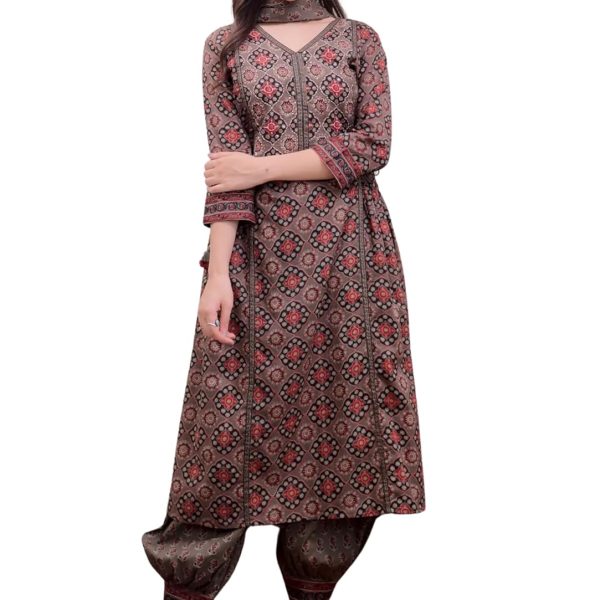 Amayra Women's Pure Cotton Printed Straight Kurta Set with Afgani Pants & Dupatta- Ethnic Wear, Brown