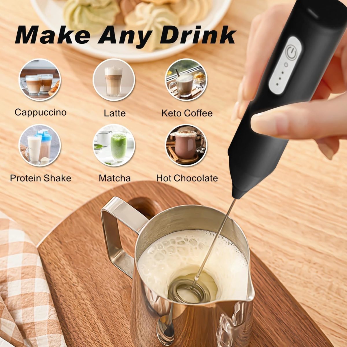 Konquer TimeS Rechargeable Milk Frother – Handheld Electric Coffee Frother with USB-C Charging, 3-Speed Stainless Steel Whisk for Lattes, Matcha, Hot Chocolate, and Frappe - Image 9