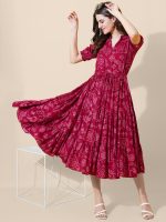 flowervelly Dress for Women Printed Midi Dress with V-Neck, Puffed Sleeves - Image 5