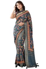 Aany's Culture Viscose Modal Silk Printed Banarasi Zari Border Saree With Tassels and Blouse Piece