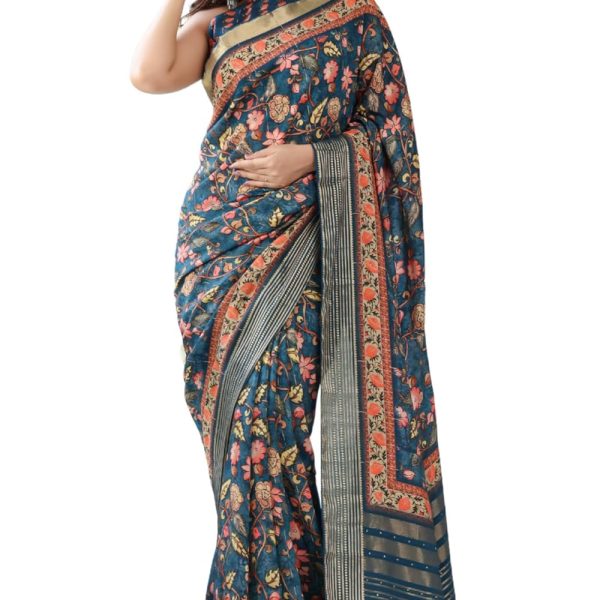 Aany's Culture Viscose Modal Silk Printed Banarasi Zari Border Saree With Tassels and Blouse Piece
