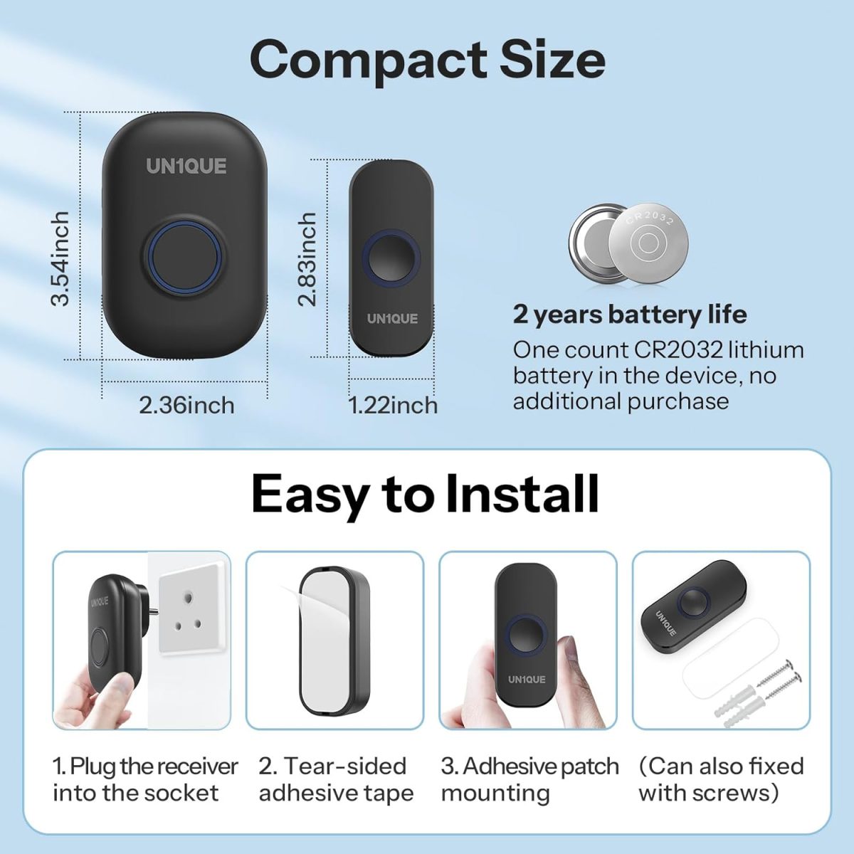 UN1QUE Wireless Door Bell for Home - Small Calling Bell for Office, 1000ft Long Range with 32 Chimes, 100dB Louder Volume, 4 Level Volume, LED Light (U600) (Black 1 Receiver +1 Portable Push Button) - Image 5
