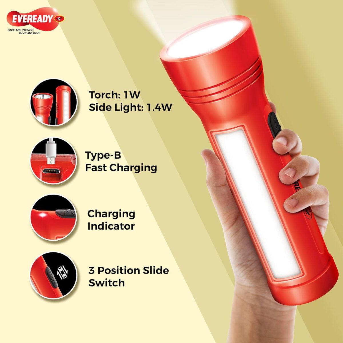 Eveready Apollo DL20, Rechargeable 1W Torch Cum 1.4W Emergency Sidelight/Face Light, Type-B/Micro USB Fast Charging, Overcharge & Deep Discharge Protection, Powered by Li-Ion Battery - Image 2