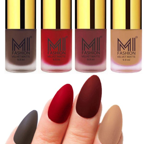 MI Fashion Matte Nail Polish Set Multicolor Coffee, Tomato Red, Maroon and Nude Colors of 4 Pcs 9.9ml each
