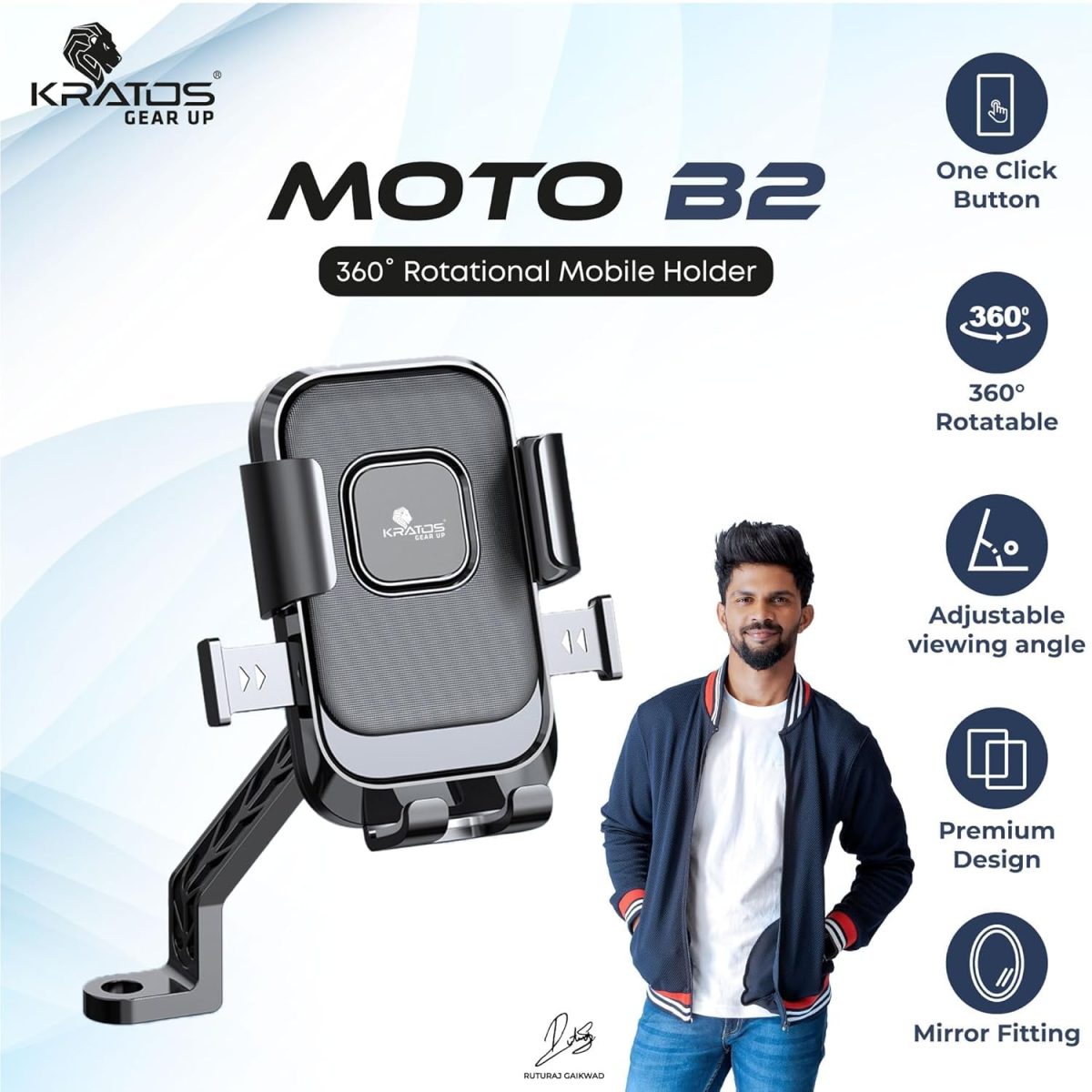 Kratos Moto-B2 Mobile Holder for Bikes with One Click Locking, Mirror Fitting Style, Anti-Shake-Firm Grip, 360° Rotation, Mobile Holder for Scooty, Activa, Jupiter, Electric Scooters & Bikes - Image 2