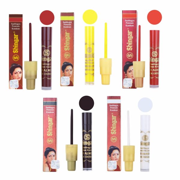 Shringar Saubhaggya Premium kumkum MultiColor liquid Kumkum Non Allergic & Non Staining With Almond and aloe vera Extract Different 5 Colors Red , Deep red , Yellow , Black, White Shingar Multi Color Liquid Bindi Pack of 5