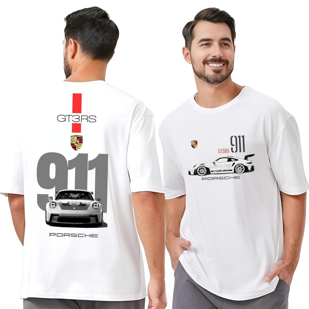 GT3 RS 911 Racing Car Graphic Oversize T-Shirt, White Cotton, Double-Sided Print