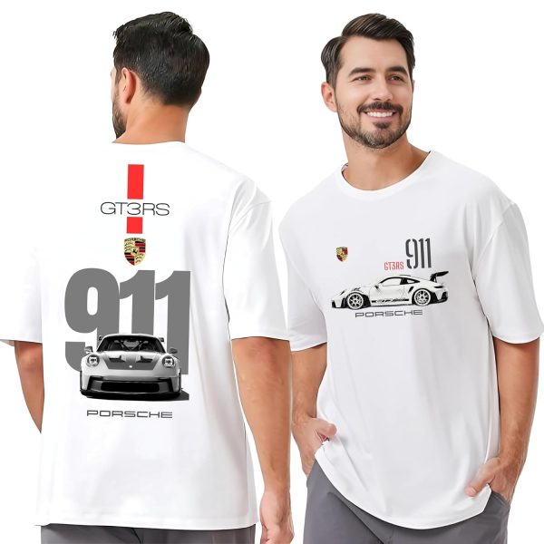 GT3 RS 911 Racing Car Graphic Oversize T-Shirt, White Cotton, Double-Sided Print