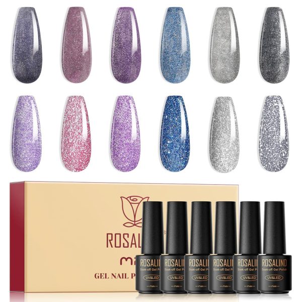 ROSALIND Silver Pearl Gel Nail Polish 6 Pcs Set Soak Off UV LED Gel Polish Art Manicure Kit, 7 ml Mini Bottle.