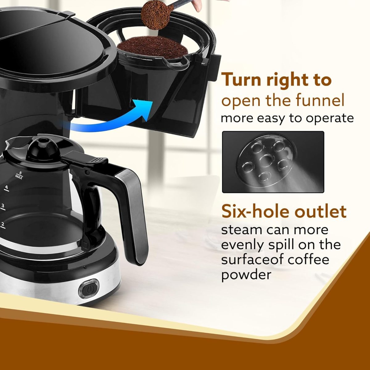 AGARO Royal 4 Big Cups Drip Coffee Maker, 600 Ml Borosilicate Glass Carafe Jar, 750W, Water tank with Level Indicator, Brewer Machine with Cone Filter, Auto Shut Off, Stainless Steel Body, Black - Image 3