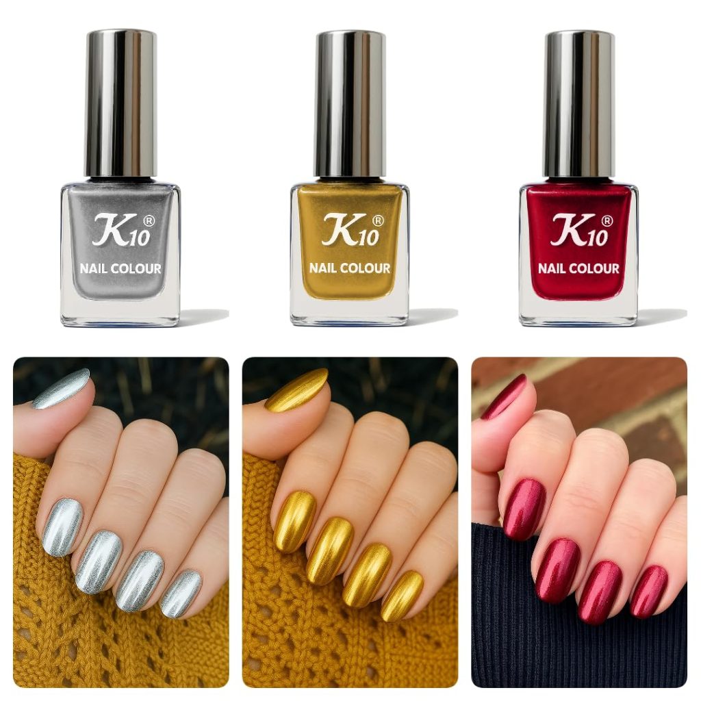 K10 Nail Polish| Metallic Finish Nail Paint|Quick Drying| Non UV Polish - Gel Finish |Chip Resistant Long-Lasting Multicolor Nail Paint for Women and Girls|Dark Red-Silver-Gold Set of 3 (12ml each)
