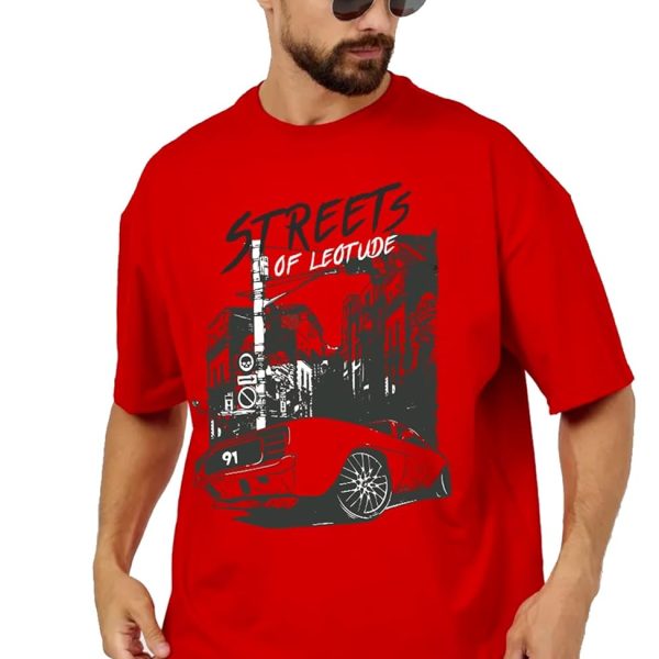 LEOTUDE Half Sleeve Oversized Cottonblend Round Neck Drop Shoulder Printed T-Shirt for Men's (Color Red)
