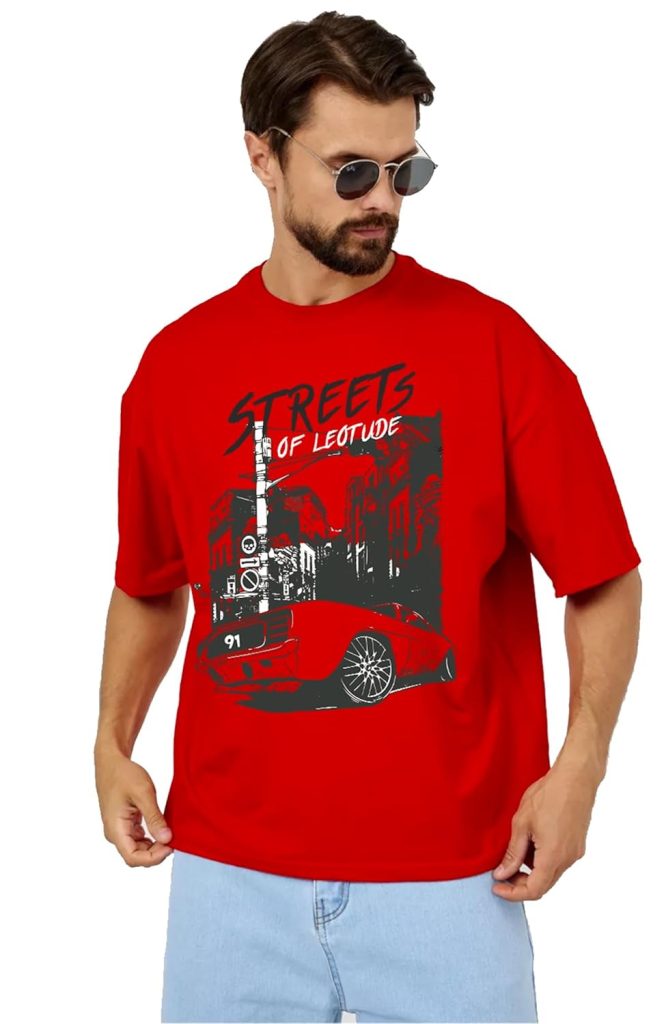 LEOTUDE Half Sleeve Oversized Cottonblend Round Neck Drop Shoulder Printed T-Shirt for Men's (Color Red)