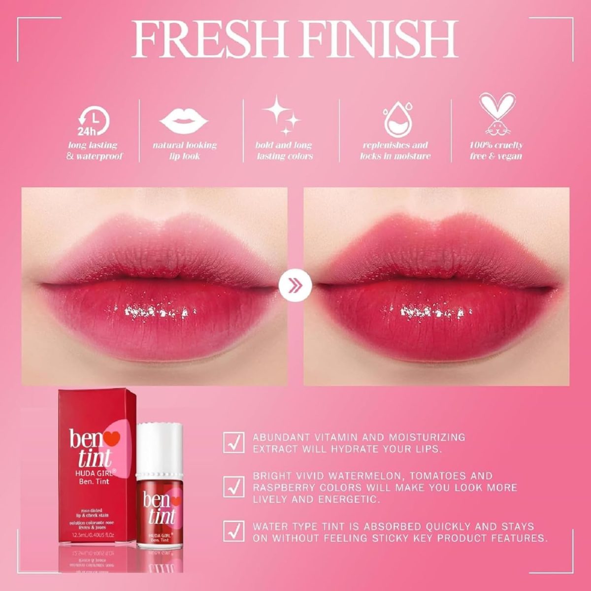 MR. HUDA Korean Style Liquid Glossy Lip And Cheek Tint With Watermelon, Strawberry, Rose Fragrance, Nourishing & Long-Lasting. Smudge & Waterproof Cheeks Blusher For Women (Dark Pink) - Image 2
