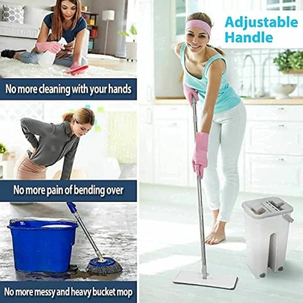 Mop Heavy Quality Floor Mop with Bucket, Flexible Kitchen tap Flat Squeeze Cleaning Supplies 360 Flexible Head/2 Reusable Pads Clean Home Floor Cleaning - Image 7