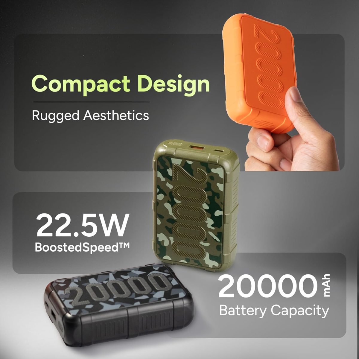 Ambrane 20000mAh Power Bank, Rugged & Compact, 22.5W Fast Charging, Dual USB Type-C Input Output, Power Delivery, Travel-Friendly Compatible with iPhone, Samsung, Android (Force 20K, Black) - Image 2