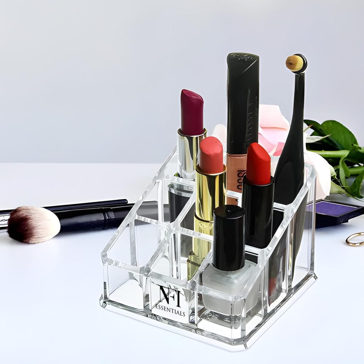 Clear Acrylic 9-Slot Lipstick & Cosmetic Organizer – Compact Makeup Holder for Lipstick, Lip Balm, Essential Oils & More – Transparent Plastic Storage Stand - Image 2