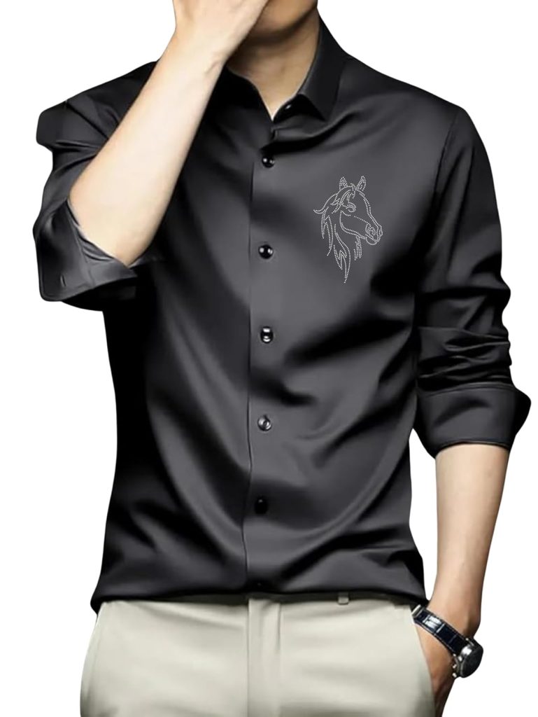 IndoPrimo Men's Satin Shirt with Spread Collar Neck Line Solid Pattern Full Sleeves Regular Fit Western Style and Standard Length