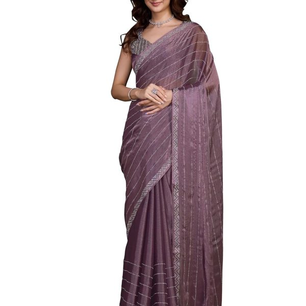 TRENDMALLS Women's Organza Siroski work Saree with Unstitch Blouse Piece