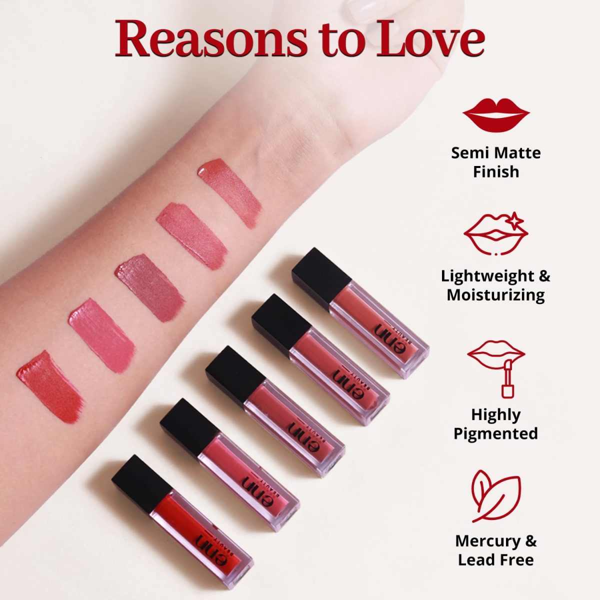 ENN Long Lasting Semi Matte Nourishing Soft Liquid Lipsticks Kit With 12 Hour Coverage | Transfer proof Highly Pigmented Godness of Natural Ingredients of Ghee | Vitamin-E | Argan Oil | Pack Of 5 Perfect Nudes - Image 3