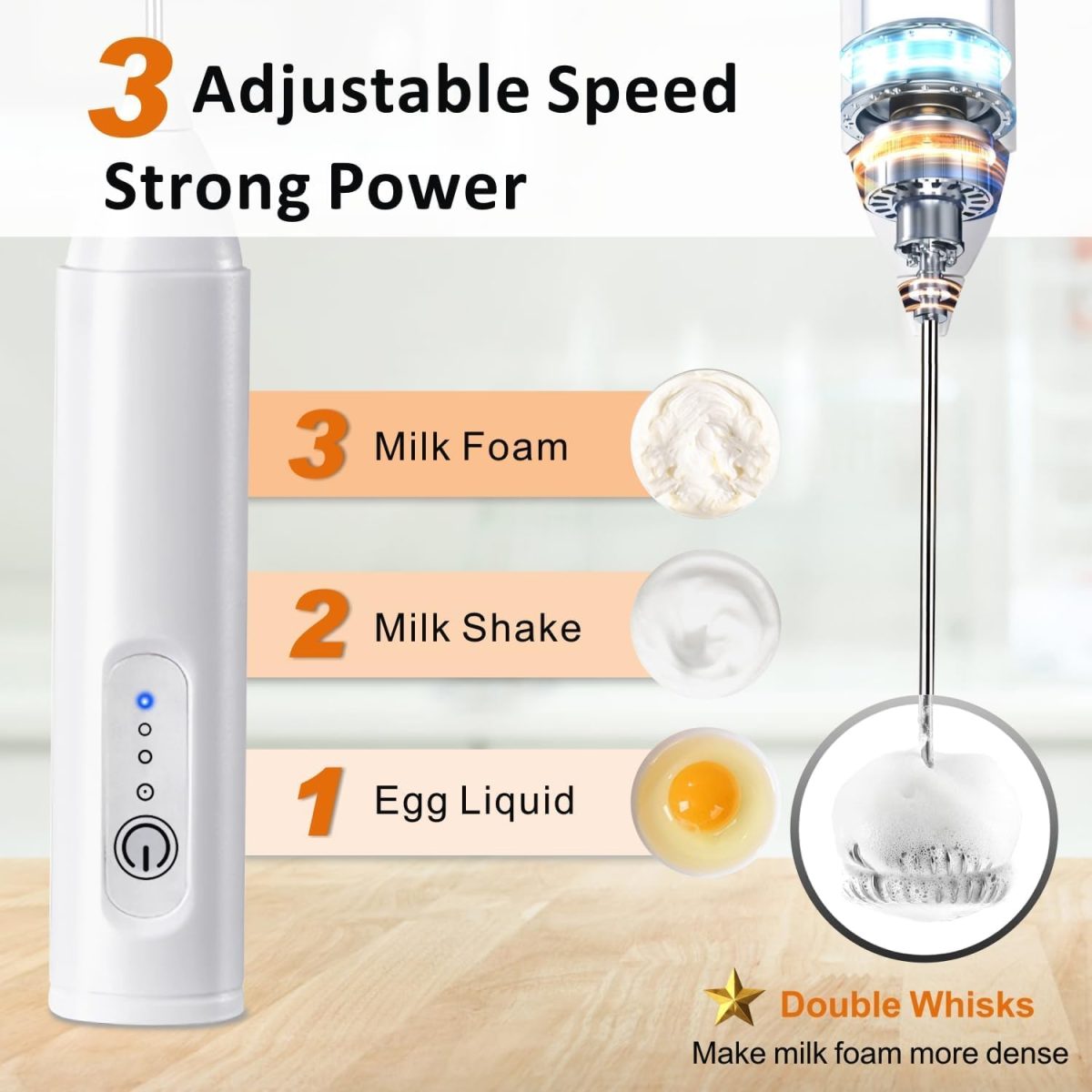 Konquer TimeS Rechargeable Milk Frother – Handheld Electric Coffee Frother with USB-C Charging, 3-Speed Stainless Steel Whisk for Lattes, Matcha, Hot Chocolate, and Frappe - Image 7