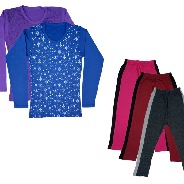 IndiWeaves Girls Cotton Full Sleeve Printed T-Shirts and Cotton Capri 3/4 Pants (Magenta,Maroon,Dark Grey,Purple,Blue,11-12 Years) Pack of 5