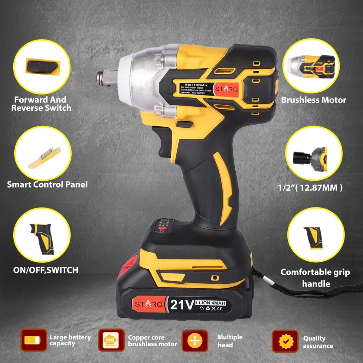STARQ Heavy Duty 21V Cordless Impact Wrench with 2 Batteries | 2 Variable Speed | Build-In LED Lights | Forward & ReverseSwitch | Yellow - Image 6