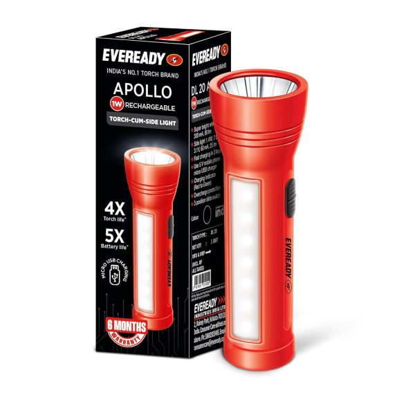 Eveready Apollo DL20, Rechargeable 1W Torch Cum 1.4W Emergency Sidelight/Face Light, Type-B/Micro USB Fast Charging, Overcharge & Deep Discharge Protection, Powered by Li-Ion Battery
