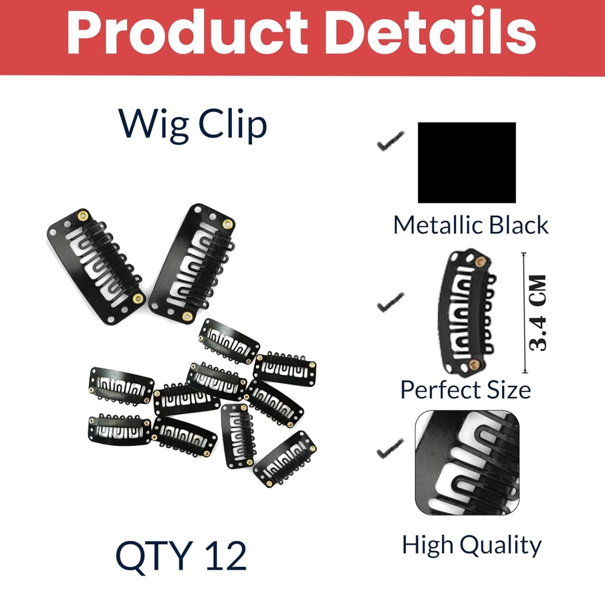 TEMPERIA Hair Extension Clips For Women & Men (12 Pcs) - Hair Patch Clip - Hair Attached Snap Wig Clips (Black) (3.4 cm) - Image 2