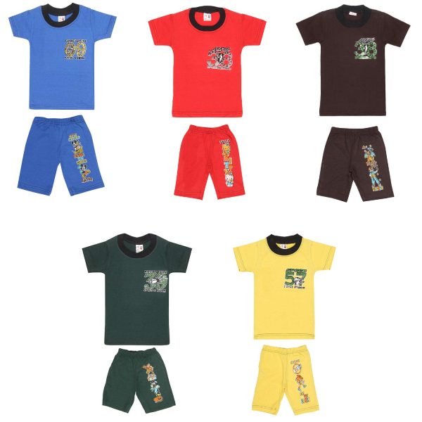 SR Kids Boys Cotton Half Sleeve Rib Neck Self Design Tshirts and 3/4 Shorts Multi-Color Pack of 5