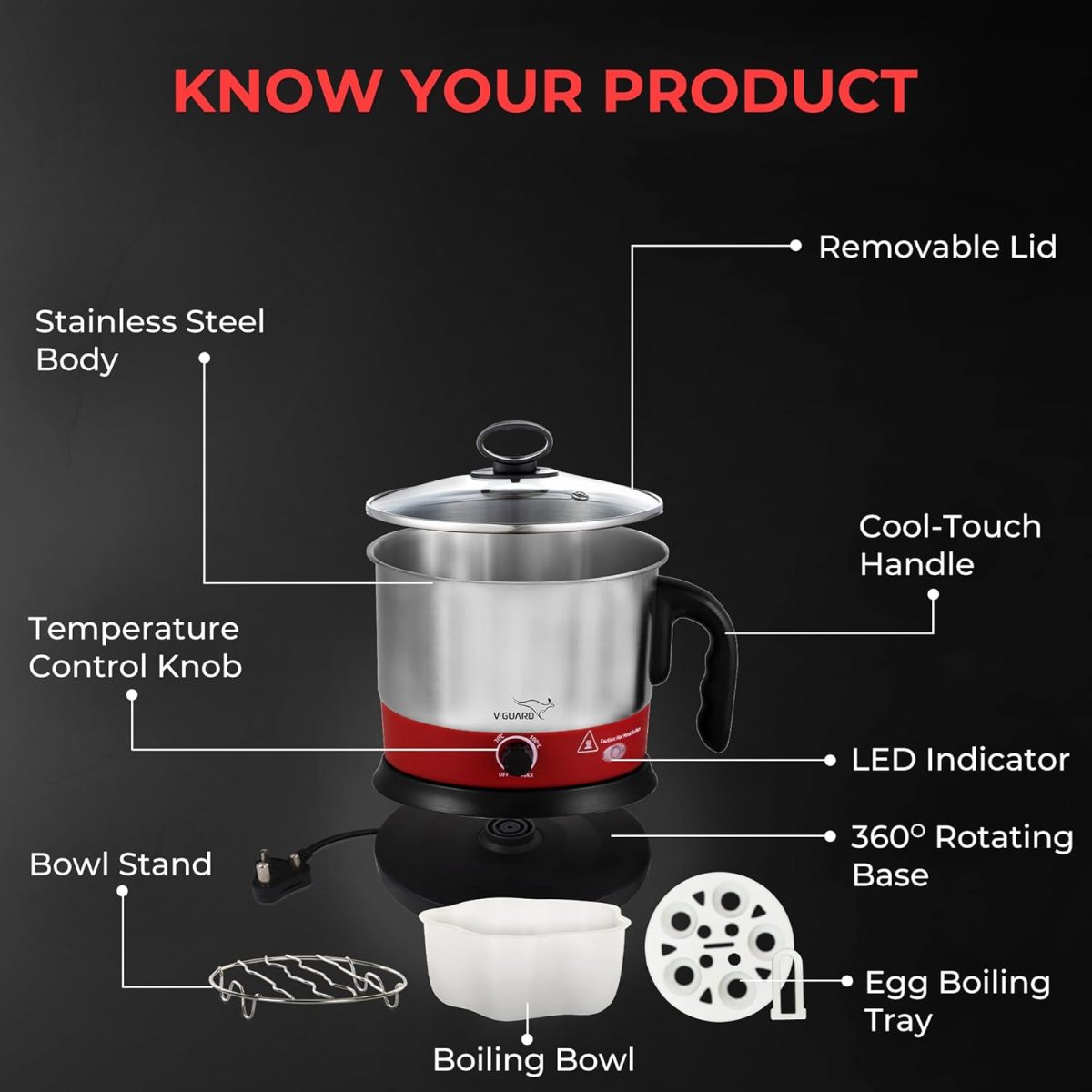 V-Guard VKM12 1.2 Litre Multipurpose Electric Kettle| 600 W|Kettle for Boiling Milk, Tea, Coffee, Cooking Eggs|360° Rotating Base,Auto Cut-off,Overheat & Dry Boil Protection|1 Year Coverage by V-Guard - Image 7