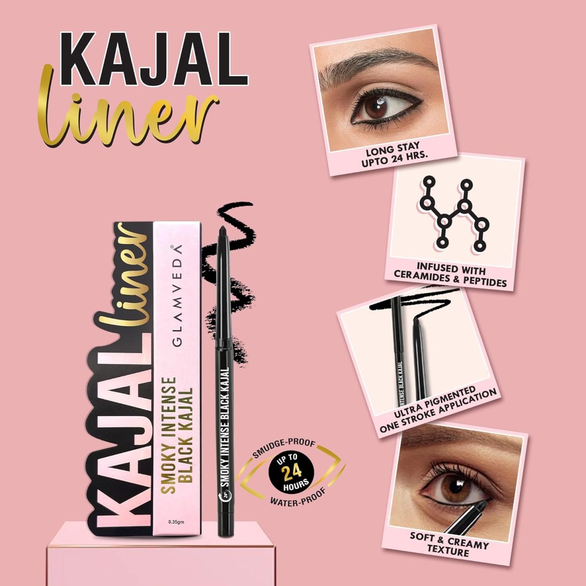 Glamveda Eyeliner & Pencil Kajal Combo Pack | Bold Eye Looks | Smudge-Proof, Long-Lasting | Smoky Liner & Smoky Kajal | Essential Eye Kit | Black, Matte Finish for Women - Image 3