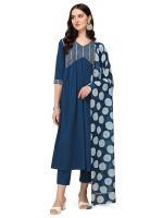 FIORRA Women's Teal Blue Poly Crepe Straight Kurta with Pant and Dupatta SET0059