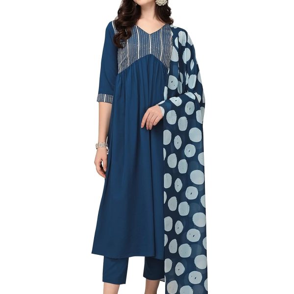 FIORRA Women's Teal Blue Poly Crepe Straight Kurta with Pant and Dupatta SET0059