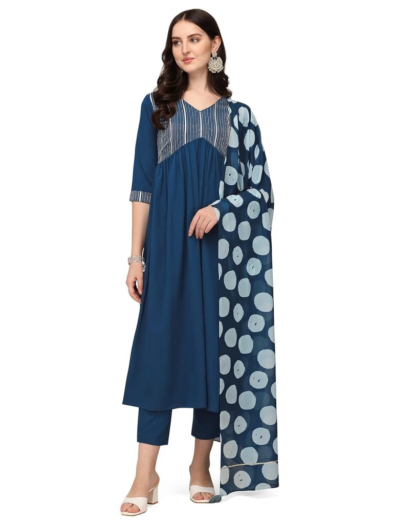 FIORRA Women's Teal Blue Poly Crepe Straight Kurta with Pant and Dupatta SET0059