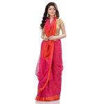 Bengal Cotton Women`s Tant Silk Handloom Cotton Saree Sequence Work With Blouse Piece(Pink Orange)