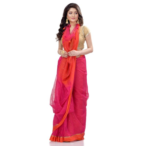 Bengal Cotton Women`s Tant Silk Handloom Cotton Saree Sequence Work With Blouse Piece(Pink Orange)