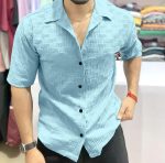 Textured Cotton Short Sleeve Shirt, Light Blue, Geometric Pattern, Button-Down Collar - Image 5