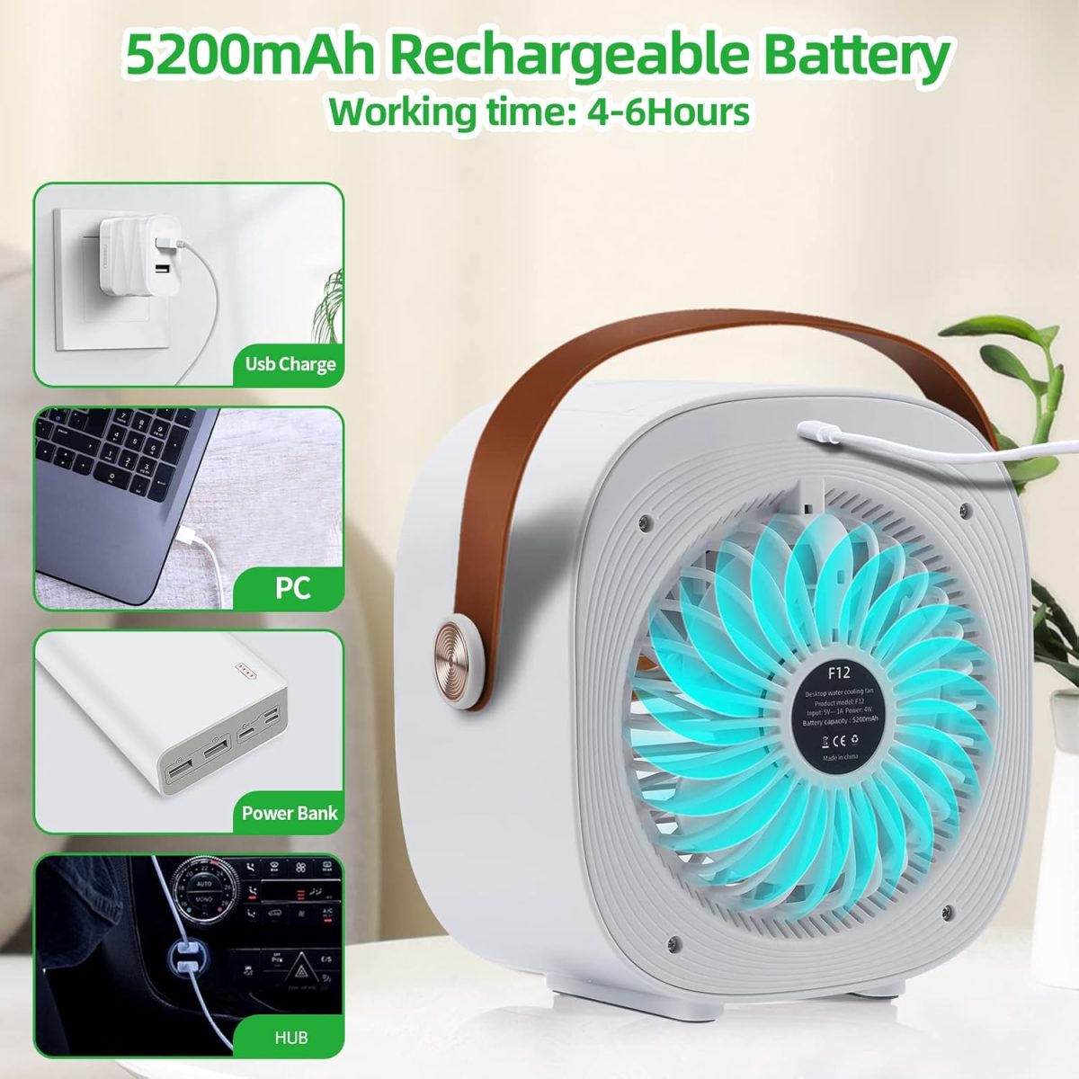 aporio Portable Air Conditioner-4000Mah Rechargeable Personal Air Cooler With 3 Speeds Duration 4-8 Hrs, Quiet Mini Air Conditioner Fan, Desk Cooling Fan For Home, Bedroom, Travel, And Office - Image 7