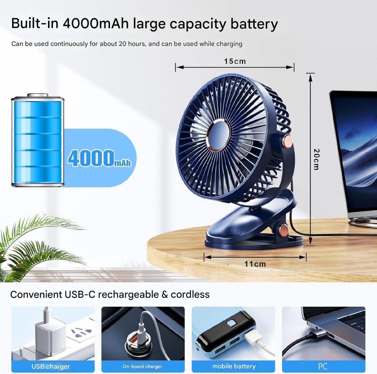 REXERA 𝟔" 𝐈𝐧𝐜𝐡 Rechargeable Desktop Mini 𝐂𝐥𝐢𝐩 𝐅𝐚𝐧 with 𝐋𝐄𝐃 Lighting | High Speed Rechargeable Table Fan for Home | 𝟓 𝐒𝐩𝐞𝐞𝐝 Modes Portable fan for Home— Office (Blue) - Image 5