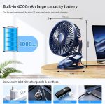 REXERA 𝟔" 𝐈𝐧𝐜𝐡 Rechargeable Desktop Mini 𝐂𝐥𝐢𝐩 𝐅𝐚𝐧 with 𝐋𝐄𝐃 Lighting | High Speed Rechargeable Table Fan for Home | 𝟓 𝐒𝐩𝐞𝐞𝐝 Modes Portable fan for Home— Office (Blue) - Image 5
