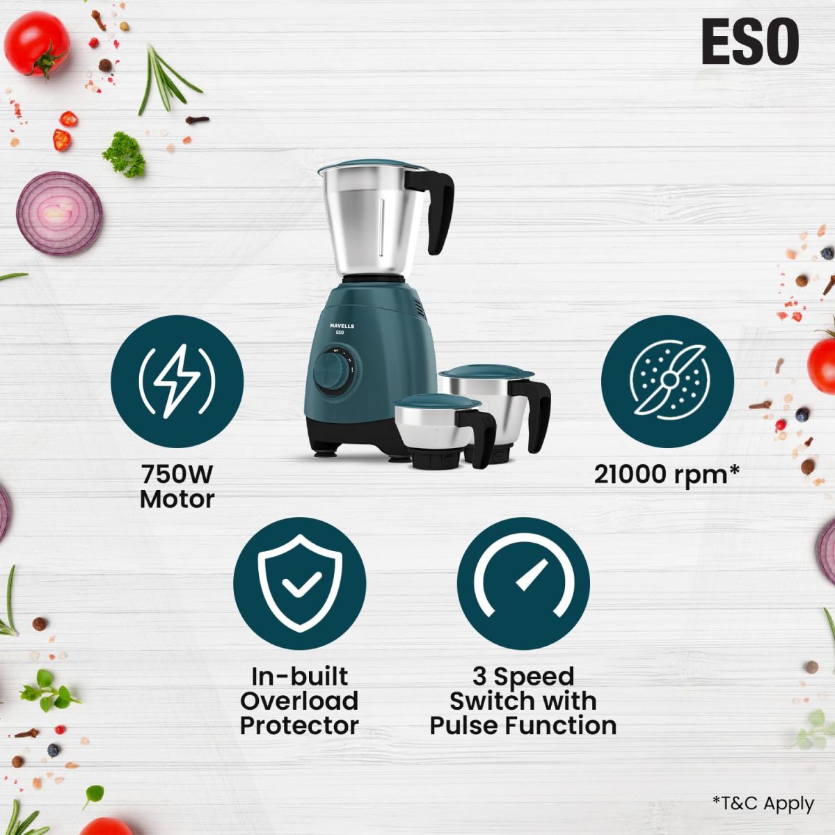 Havells ESO 750 Watt Mixer Grinder | 3 Stainless Steel Jars with Handles | 304 Rust-Resistant SS Blades | 21000 RPM High-Speed Motor | 5-Year Motor Warranty | Heavy-Duty Mixie (Teal) - Image 2