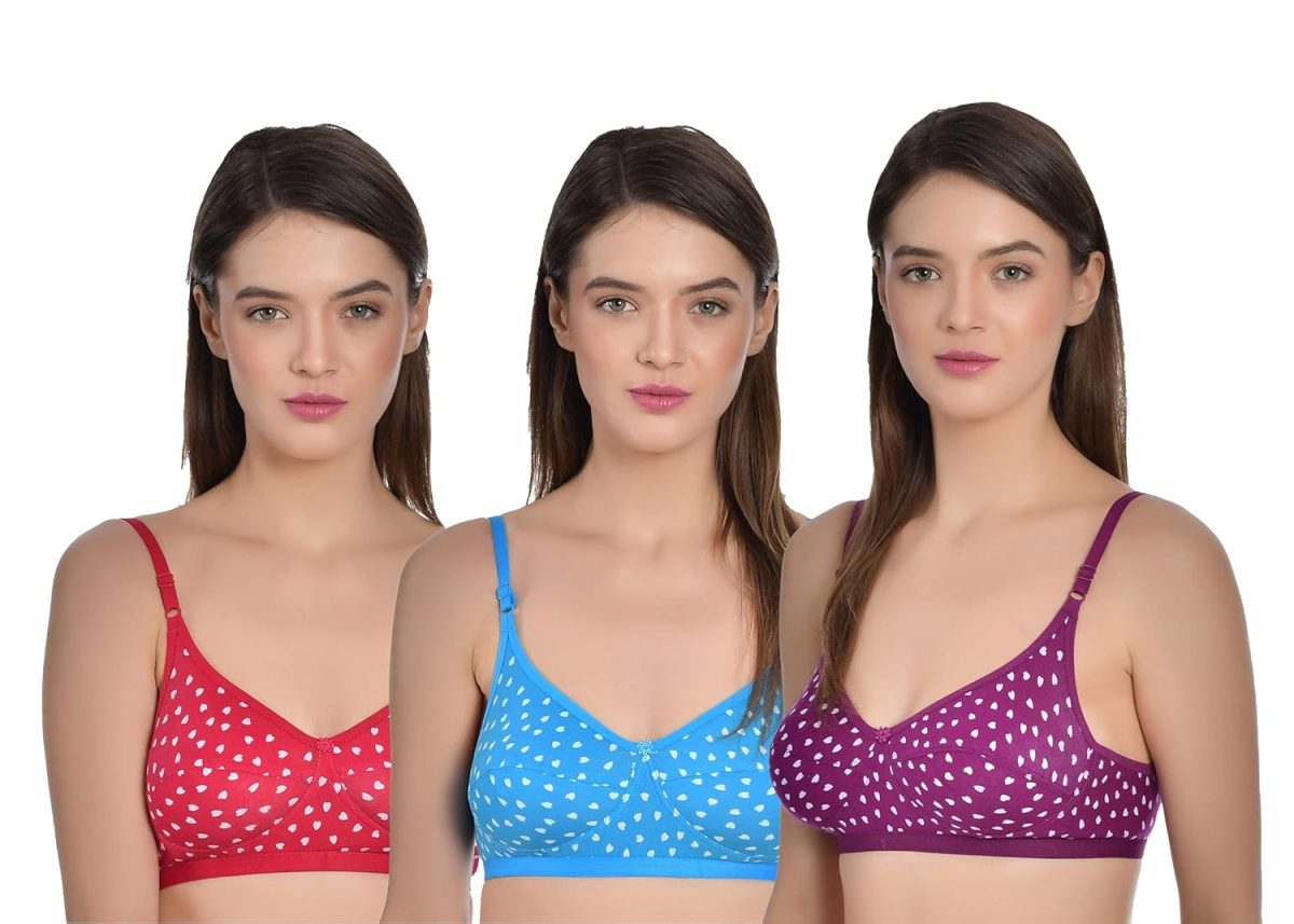 Aimly Women's Cotton Non-Padded Non-Wired Full Coverage Printed Bra - (Pack of 3)