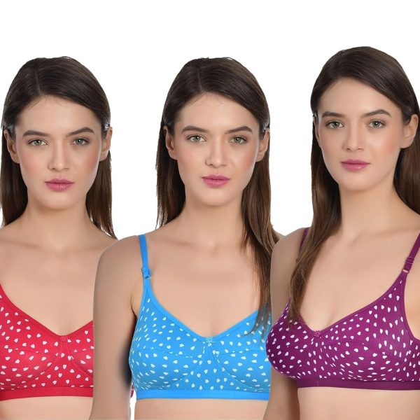 Aimly Women's Cotton Non-Padded Non-Wired Full Coverage Printed Bra - (Pack of 3)