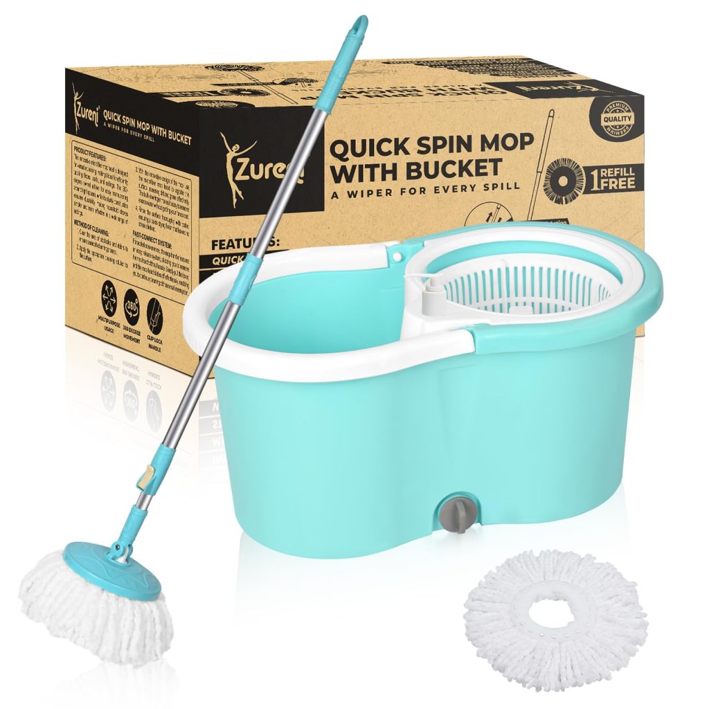 Zureni Bucket Quick Spin Mop with 2 Microfiber Wet Dry Mophead Floor Cleaning pocha Extendable Handle Removable Wringer 360° Floor Cleaner Mopping Set (Random Colour)