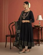 Kaari Women's Kurta Set with Dupatta - Anarkali Style | Gown Length | Placement Neck Embroidery & Gota Border | Rich Brocade Dupatta | Straight Pant | Kurta Set For Women - Image 5