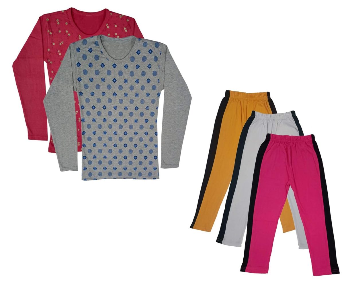 IndiWeaves Girls Cotton Full Sleeve Printed T-Shirts and Cotton Capri 3/4 Pants (Mustard,White,Magenta,Maroon,Grey,14-15 Years) Pack of 5
